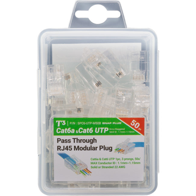 T3 Innovation RJ45 CAT6A SOLID SNAP PLUG 1.1 to 1.15mm Conductor Size - 50 Pack - BNR Industrial